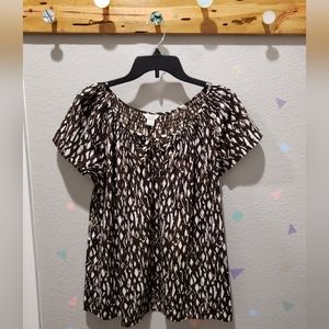 Dark Brown Abstract Print Short Sleeve Blouse